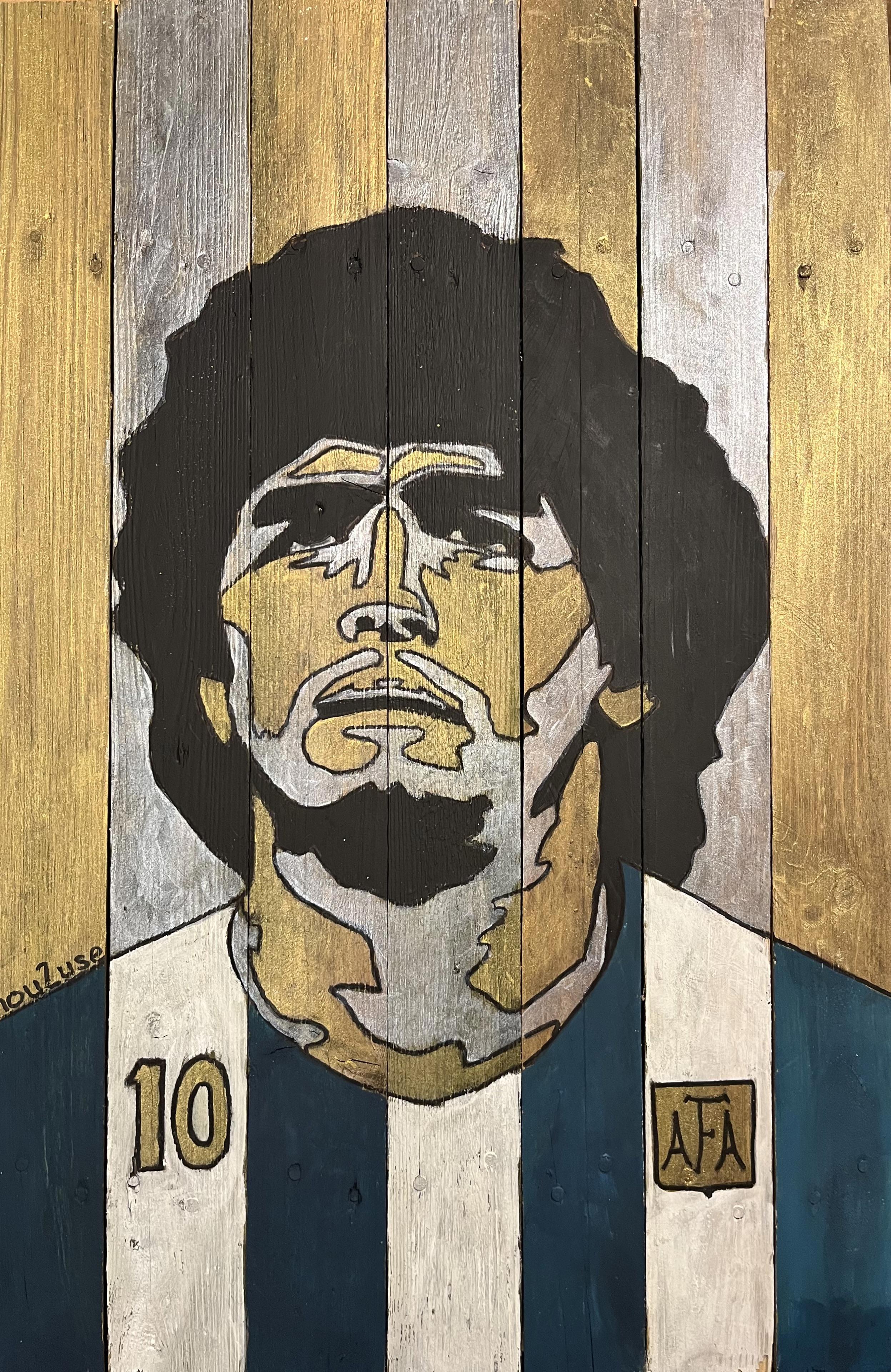 Diego Maradona op oude pallet planken